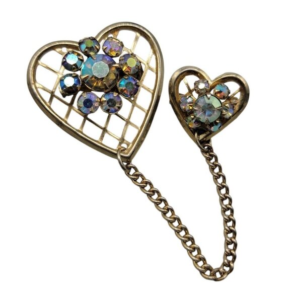 Double Heart Brooch Aurora Borealis Rhinestones Gold Tone Sweater Clip Vintage - Picture 1 of 6